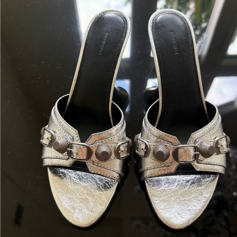 Balenciaga Silver and Black Mules with Sophisticated Design